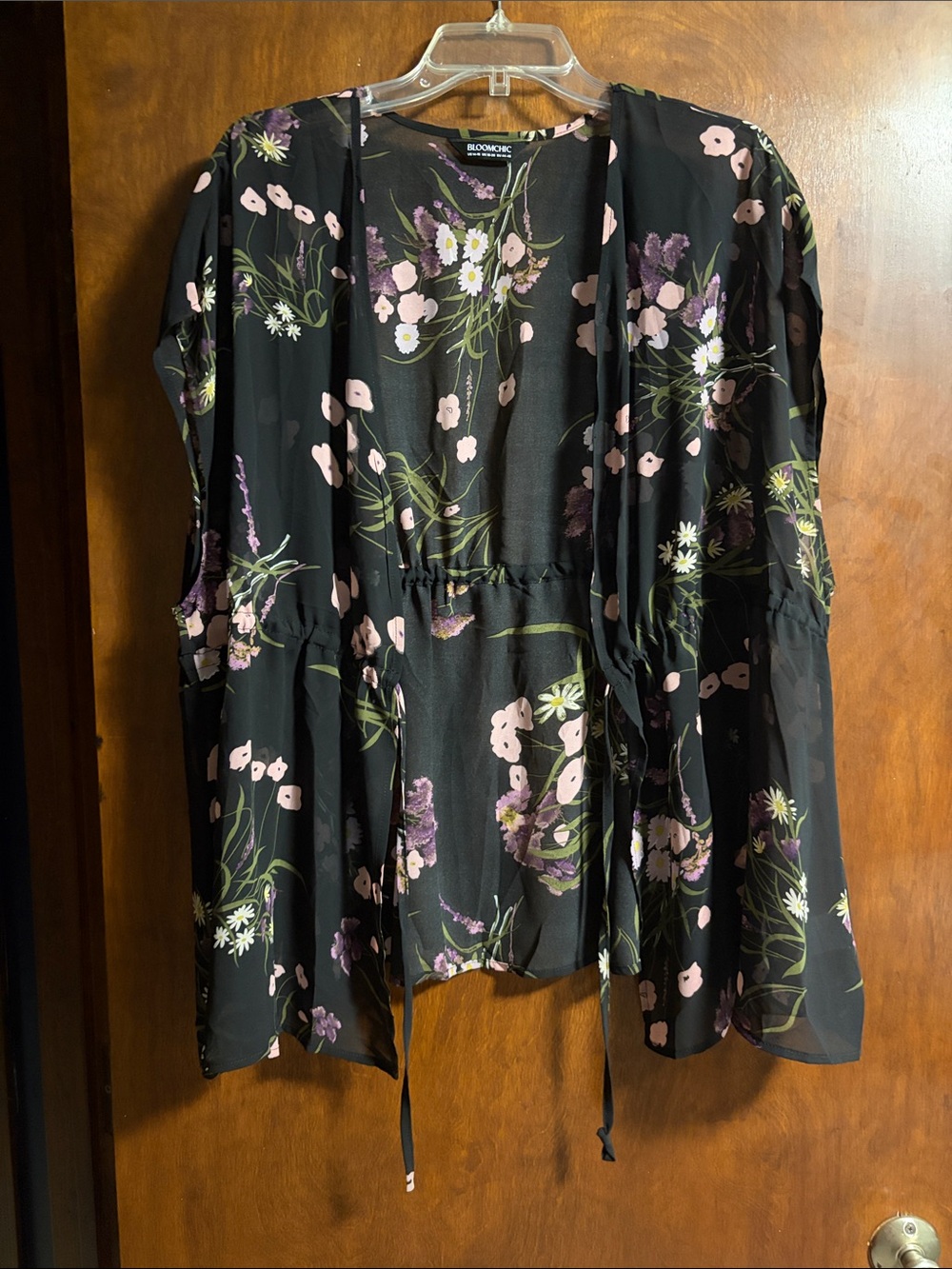 BloomChic Black Floral Open-Front Tunic with Pink & Green Accents